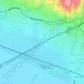 Topografisk kort Cileunyi Kulon, højde, terræn