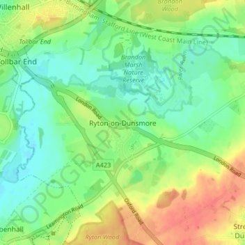 Topografisk kort Ryton-on-Dunsmore, højde, terræn