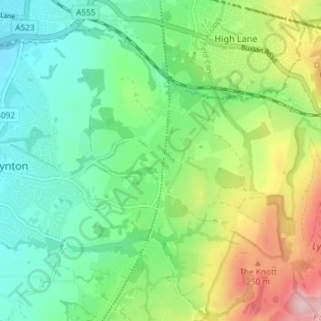 Topografisk kort Higher Poynton, højde, terræn