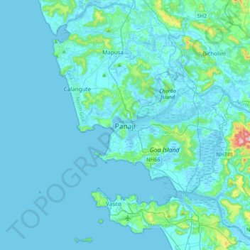 Topografisk kort Panaji, højde, terræn