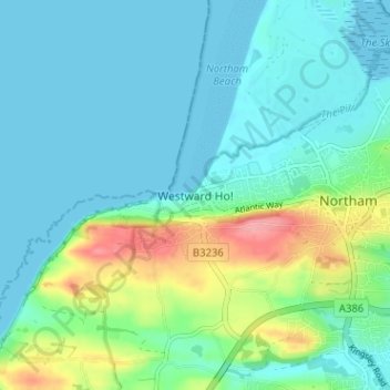 Topografisk kort Westward Ho!, højde, terræn