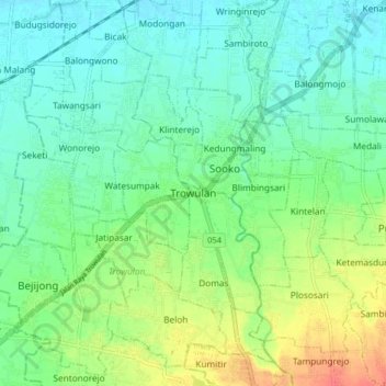 Topografisk kort Trowulan, højde, terræn