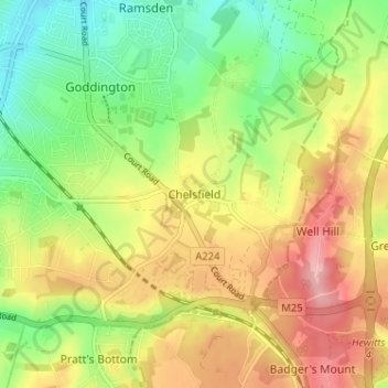 Topografisk kort Chelsfield, højde, terræn