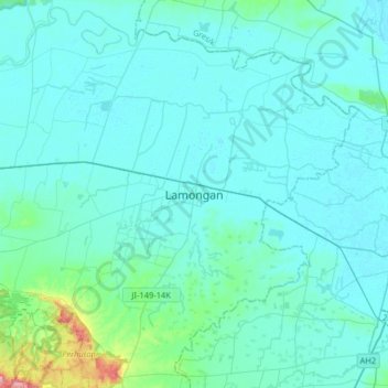 Topografisk kort Lamongan, højde, terræn