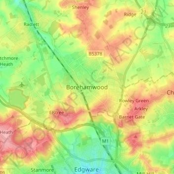 Topografisk kort Borehamwood, højde, terræn