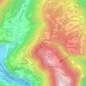 Topografisk kort Sella della Val Nevera, højde, terræn