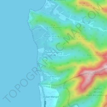 Topografisk kort Dusun Lendang Luar, højde, terræn
