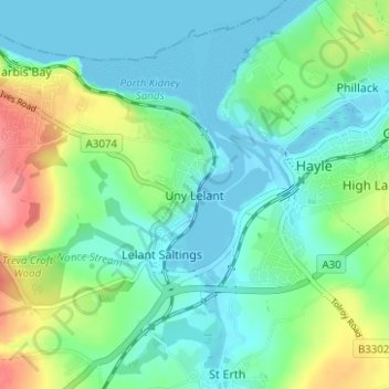 Topografisk kort Uny Lelant, højde, terræn