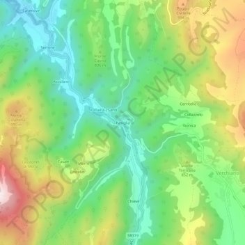 Topografisk kort Rasiglia, højde, terræn