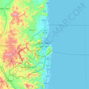 Topografisk kort Khor Fakkan, højde, terræn