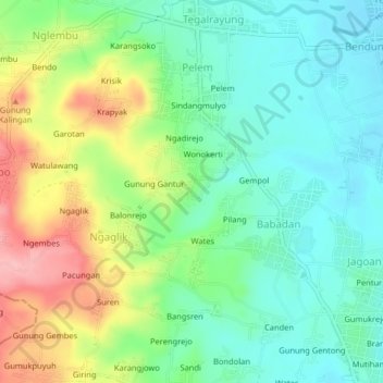 Topografisk kort Wonokriti, højde, terræn