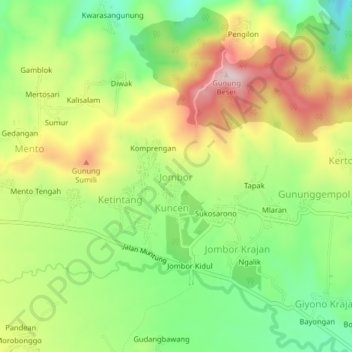 Topografisk kort Jombor, højde, terræn