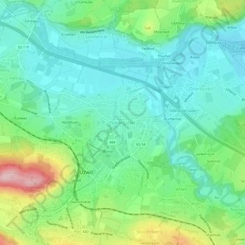 Topografisk kort Niederuzwil, højde, terræn