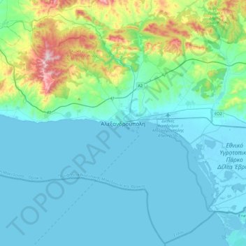 Topografisk kort Alexandroupoli, højde, terræn