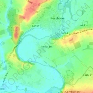 Topografisk kort Pensham, højde, terræn