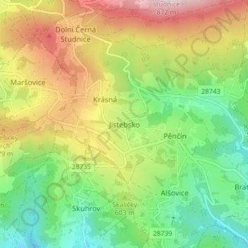 Topografisk kort Jistebsko, højde, terræn