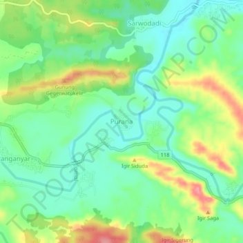 Topografisk kort Purana, højde, terræn