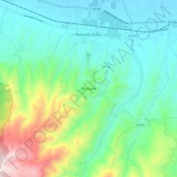 Topografisk kort Rossano, højde, terræn