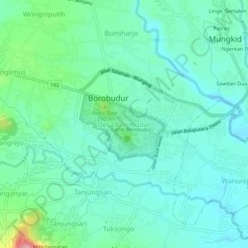Topografisk kort Desa Borobudur, højde, terræn