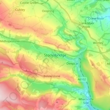 Topografisk kort Stocksbridge, højde, terræn