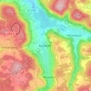 Topografisk kort Kainsbach, højde, terræn