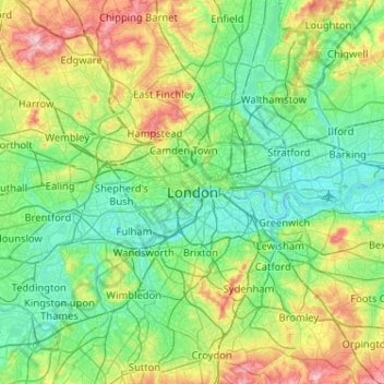 Topografisk kort London, højde, terræn
