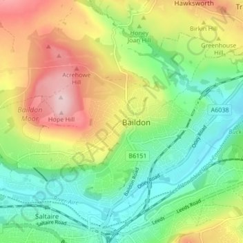 Topografisk kort Baildon, højde, terræn