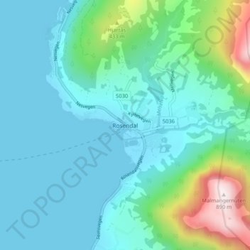 Topografisk kort Rosendal, højde, terræn