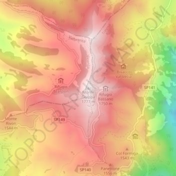 Topografisk kort Monte Grappa, højde, terræn