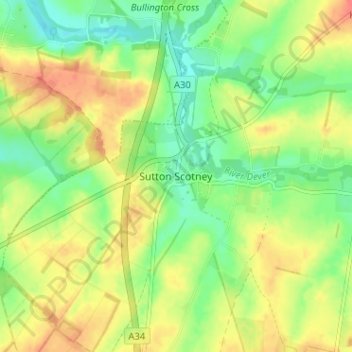 Topografisk kort Sutton Scotney, højde, terræn