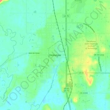 Topografisk kort Okmulgee, højde, terræn