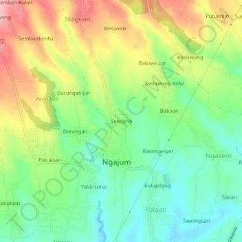 Topografisk kort Sendang, højde, terræn