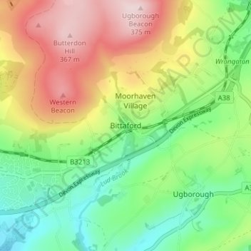 Topografisk kort Bittaford, højde, terræn