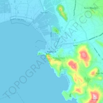Topografisk kort Nafplio, højde, terræn