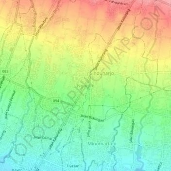 Topografisk kort Ngaglik, højde, terræn