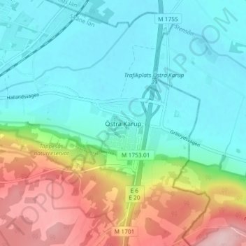 Topografisk kort Östra Karup, højde, terræn