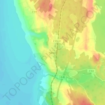 Topografisk kort Hackås, højde, terræn