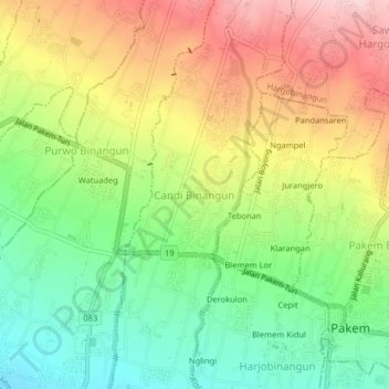 Topografisk kort Candi Binangun, højde, terræn
