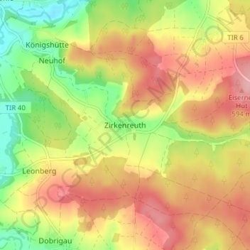 Topografisk kort Zirkenreuth, højde, terræn