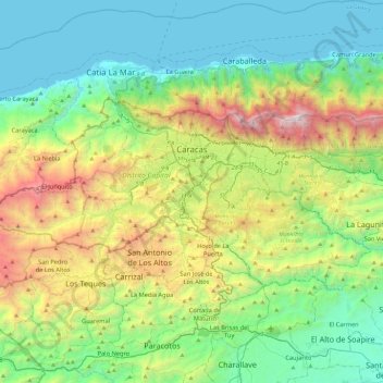 Topografisk kort Caracas, højde, terræn