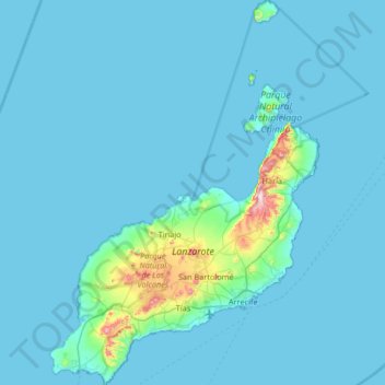 Topografisk kort Lanzarote, højde, terræn