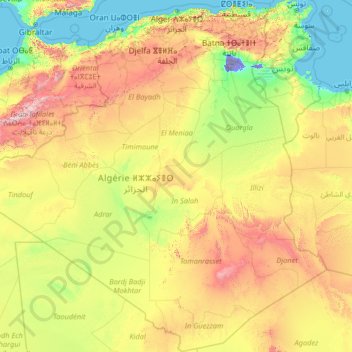 Topografisk kort Algeriet, højde, terræn
