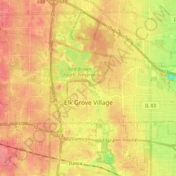 Topografisk kort Elk Grove Village, højde, terræn