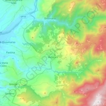 Topografisk kort Verbicaro, højde, terræn
