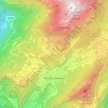 Topografisk kort Ronzo-Chienis, højde, terræn
