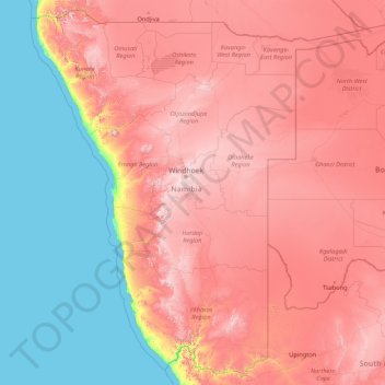 Topografisk kort Namibia, højde, terræn