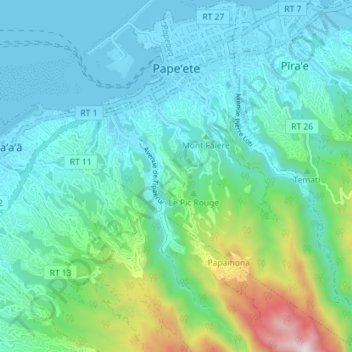 Topografisk kort Papeete, højde, terræn