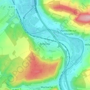 Topografisk kort Belleville, højde, terræn