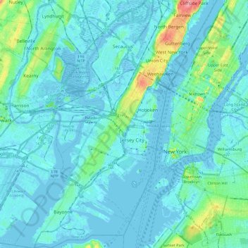 Topografisk kort Hudson County, højde, terræn