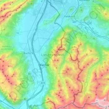 Topografisk kort Liechtenstein, højde, terræn